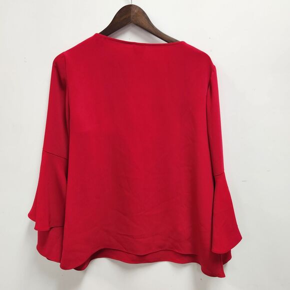 Chicos Womens Bell Sleeve Blouse Size M Scoop Neck Red Ruffle Career NWT - Picture 3 of 12